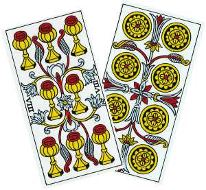 8 de copas y de oros del tarot de Marsella