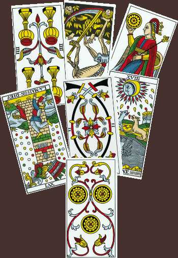Ejemplo de Tirada del Tarot de Marsella con la Torre, el arcano XIII y la Luna.