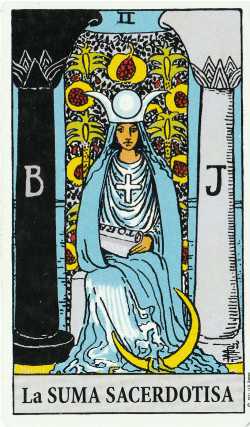 La Papisa en el tarot de Rider-Waite.
