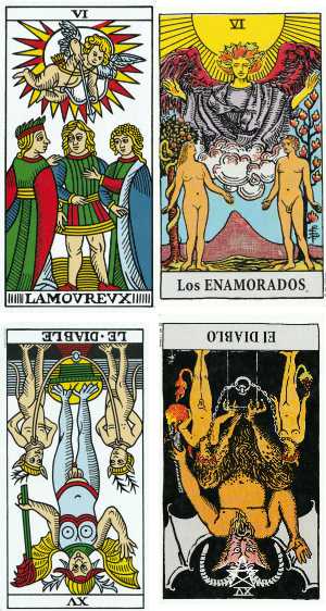 Los arcanos VI y XV en los tarots de Marsella y de Rider-Waite